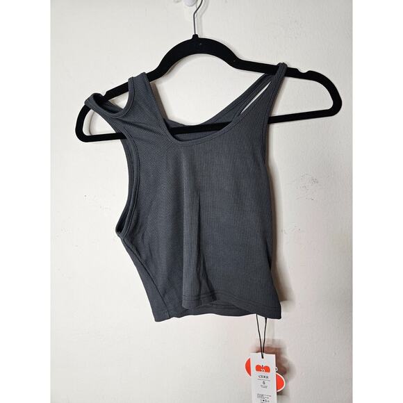 NWT Slate Gray Asymetrical High Neck Cut Out Fitted Crop Tank Top Small - Picture 2 of 7